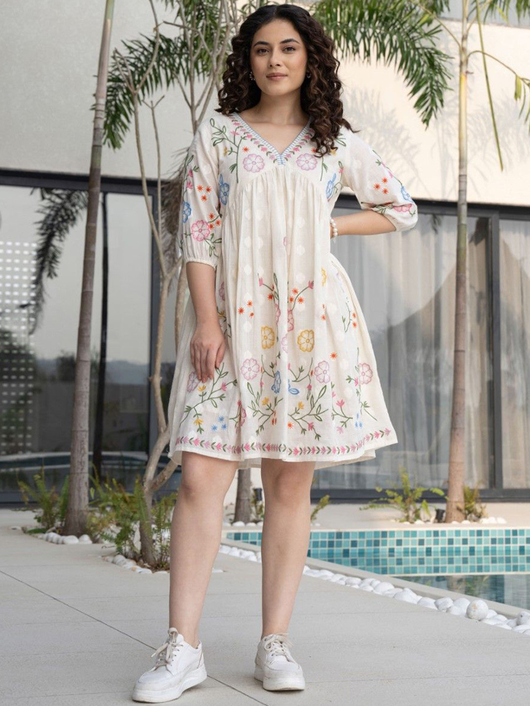 AUTUMN LANE Floral Printed Cotton A-Line Knee Length Dress