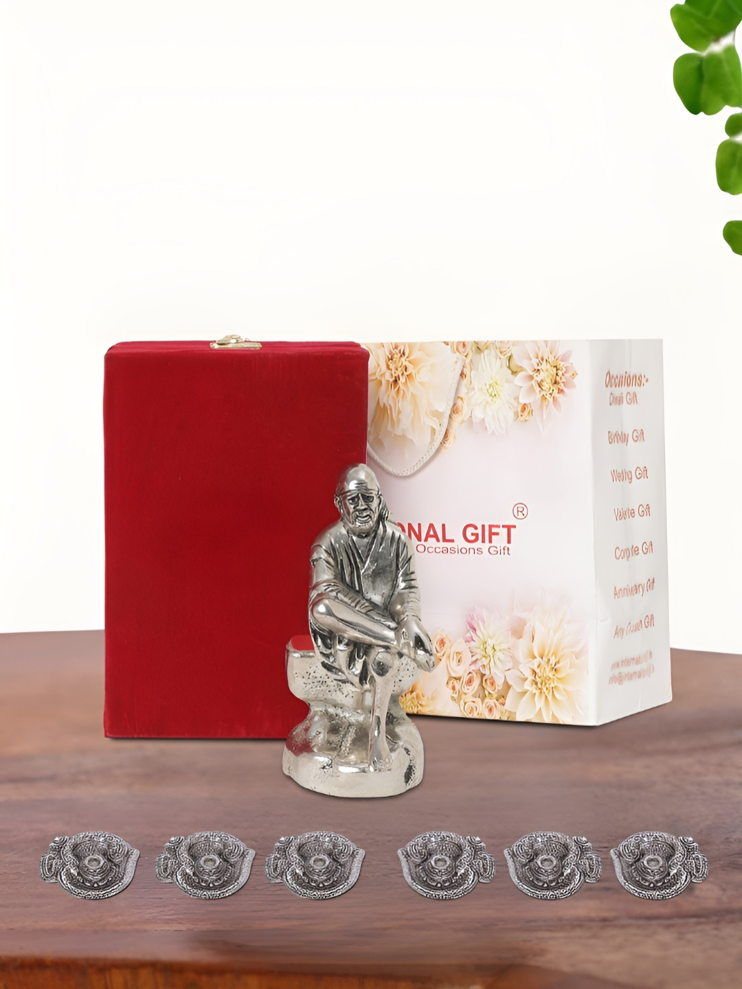 INTERNATIONAL GIFT Sai Baba Idol with 6 Diya, Velvet Box and Carry Bag Silver Aluminium Metallic Prayer Room Medium Showpiece - 6 Inches