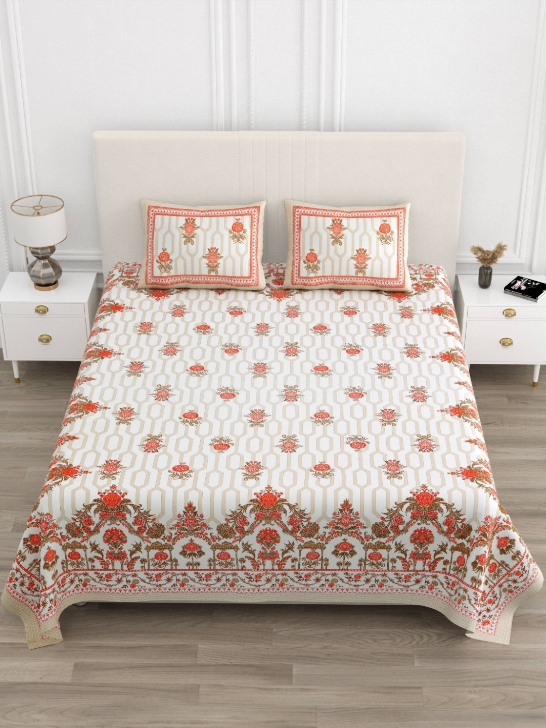 JAIPUR PRIME Magnet White Floral Pure Cotton 180 TC King Fine Bedsheet with 2 Pillow Covers-108 x 100 inches