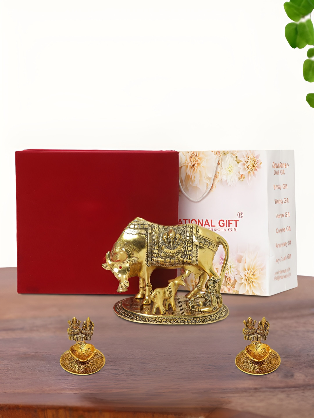 INTERNATIONAL GIFT Kamdhenu Cow with Diya Gold Metal Metallic Living Room Set of 3 Medium Showpieces - 6.5 Inches