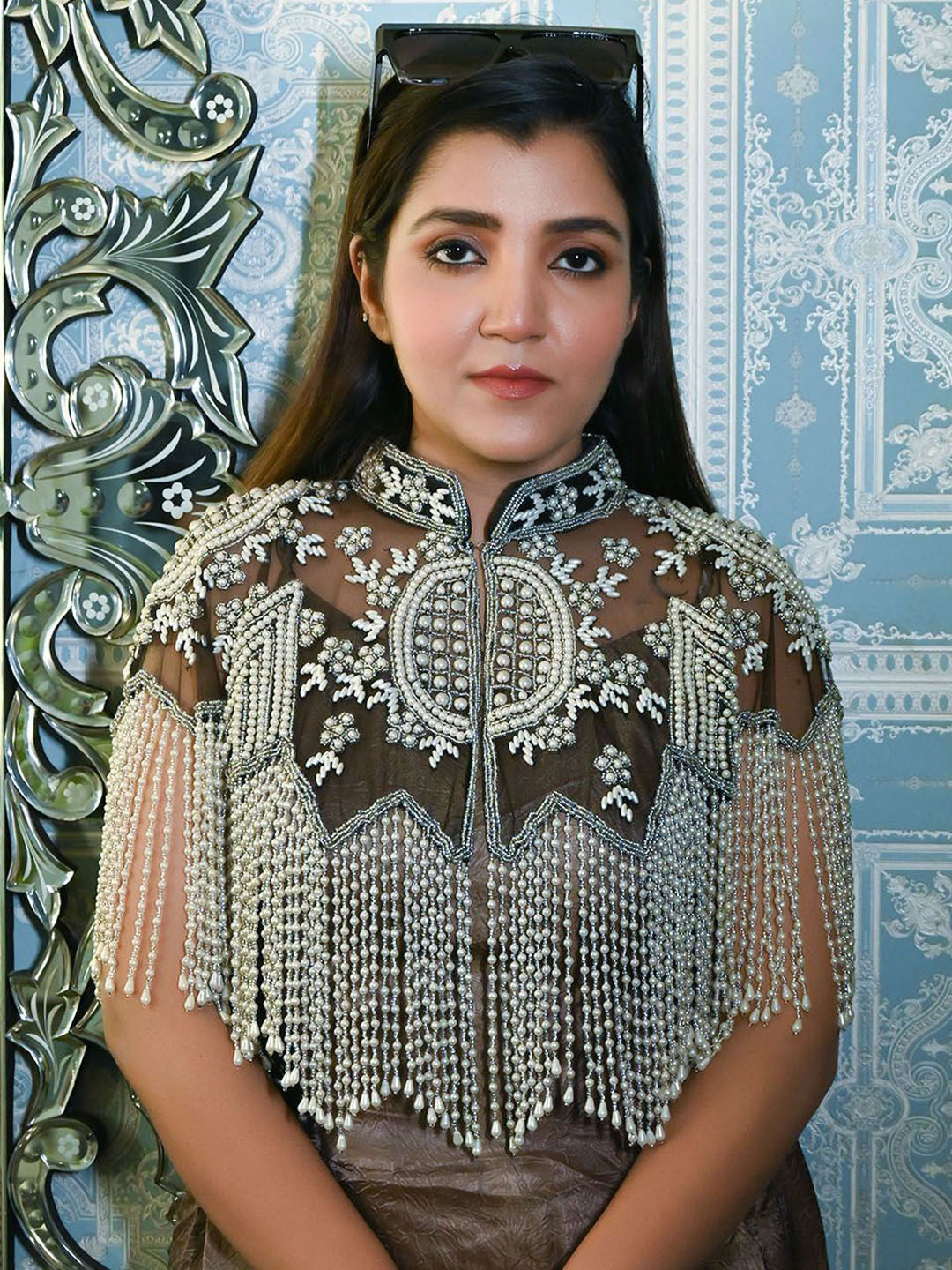 ODETTE Self Design Embellished Cropped Open Front Shrug