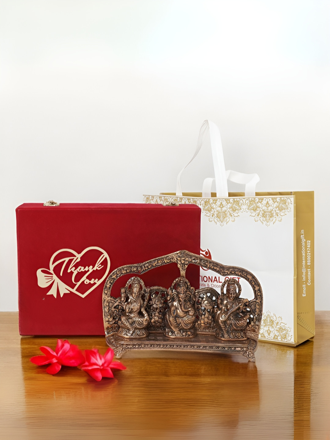 INTERNATIONAL GIFT Laxmi Ganesh Saraswati Copper Aluminium Metallic Prayer Room Medium Showpiece - 5.5 Inches