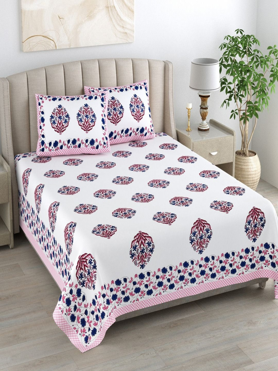 Myntra Elegant Homes Traditional Jaipuri White Floral Cotton 180 TC King Fine Bedsheet with 2 Pillow Covers-108 x 100 inches