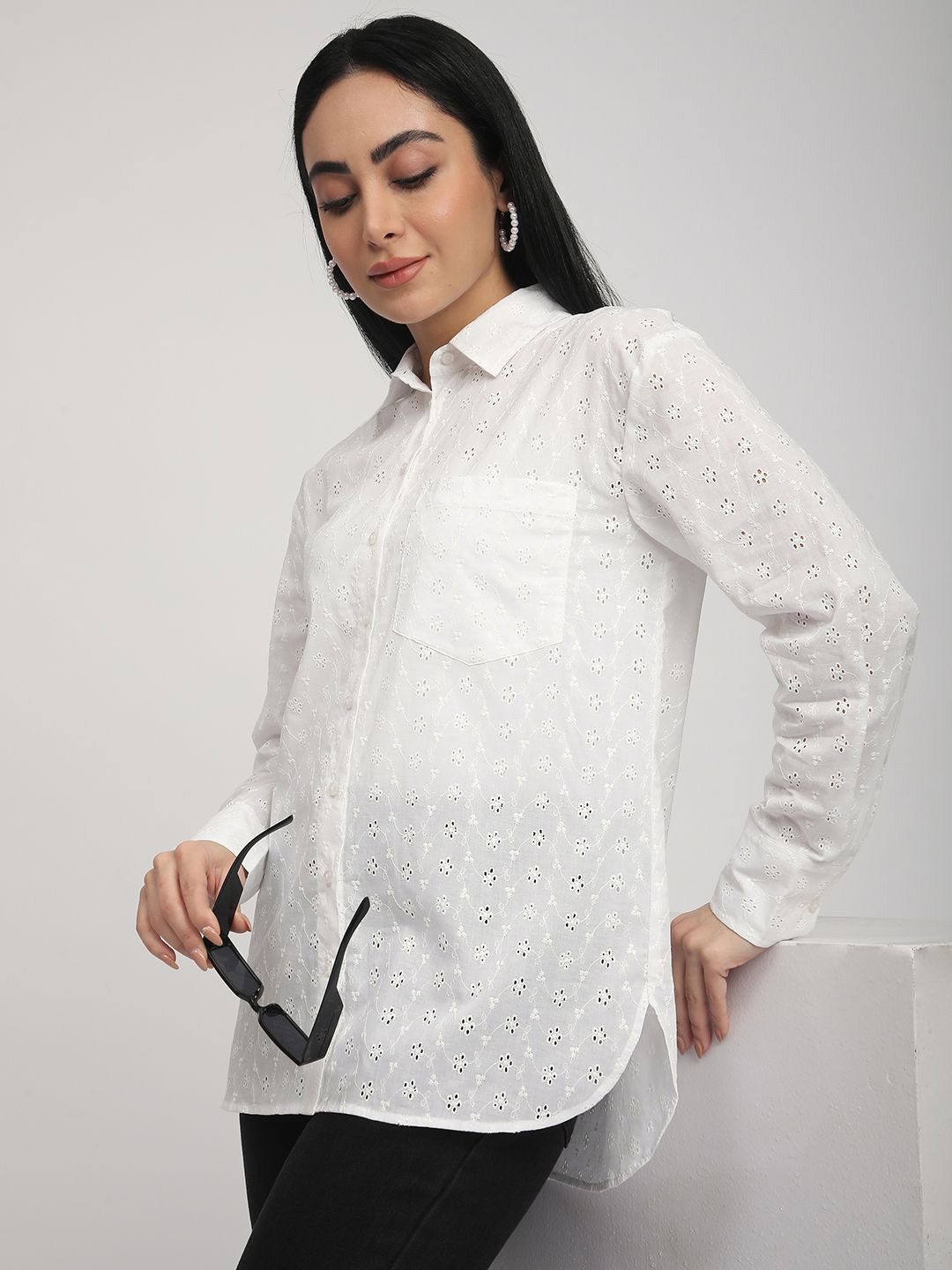 R&B Women Schiffli Floral Semi Sheer Casual Shirt