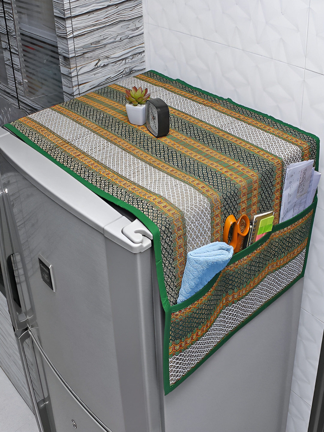 HOKIPO Green & Brown Printed Fridge Cover Top With Pockets