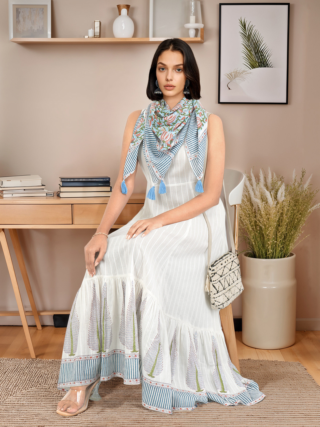 Taavi Sanganeri Folk Self-Design Sleeveless Pure Cotton Maxi Dress With Scarf