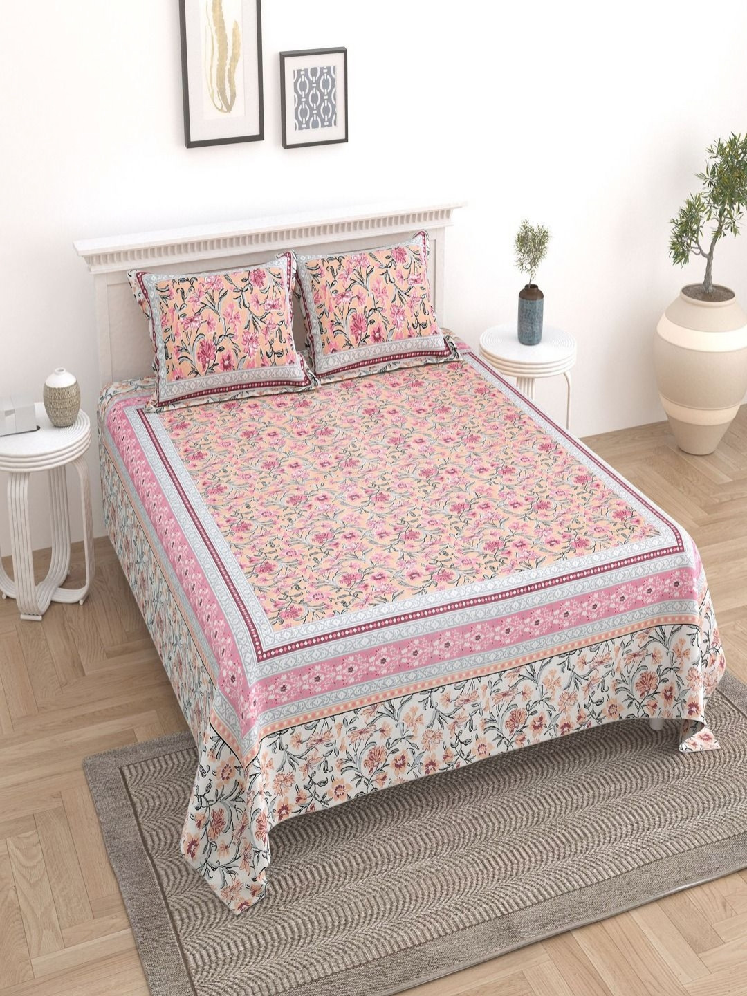 Myntra Elegant Homes Pink Floral Pure Cotton 180 TC King Fine Bedsheet with 2 Pillow Covers-108 x 100 inches