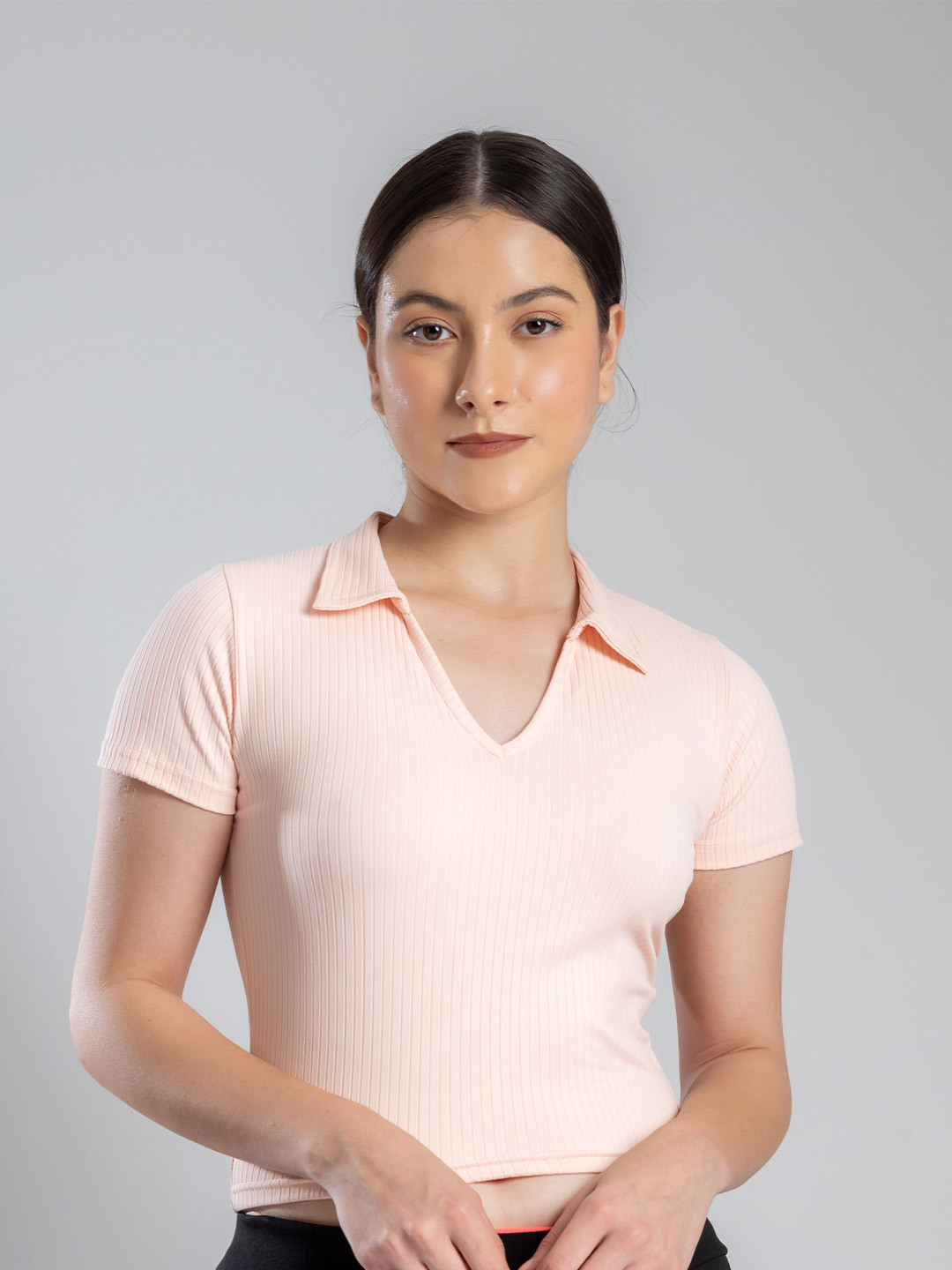 PYR8 Ribbed Striped Polo Collar Crop T-Shirt Fitted Top