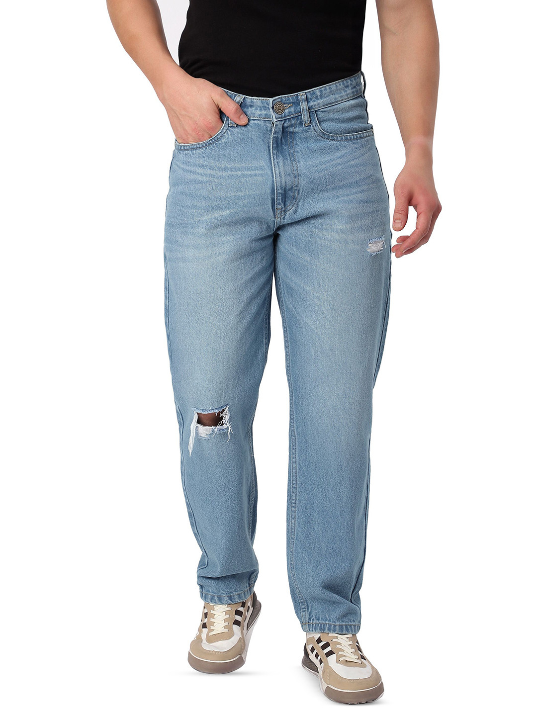 Beyoung Light Blue Distressed Baggy Fit Jeans for Mens