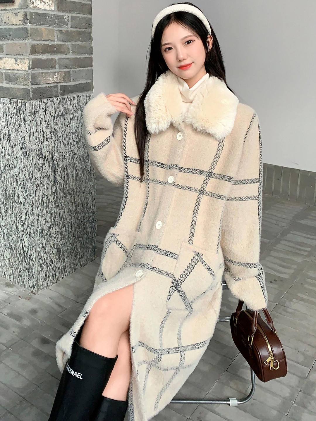 Miss Mosa By Akanksha  Women Beige Noelia Woolen Long Luxe Overcoat with Fur