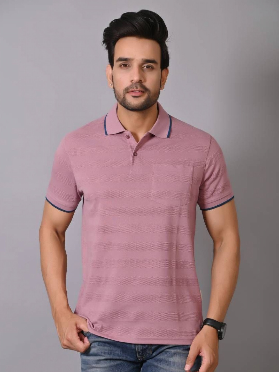 ARBOUR Men Self Design Polo Collar Cotton Slim Fit T-shirt