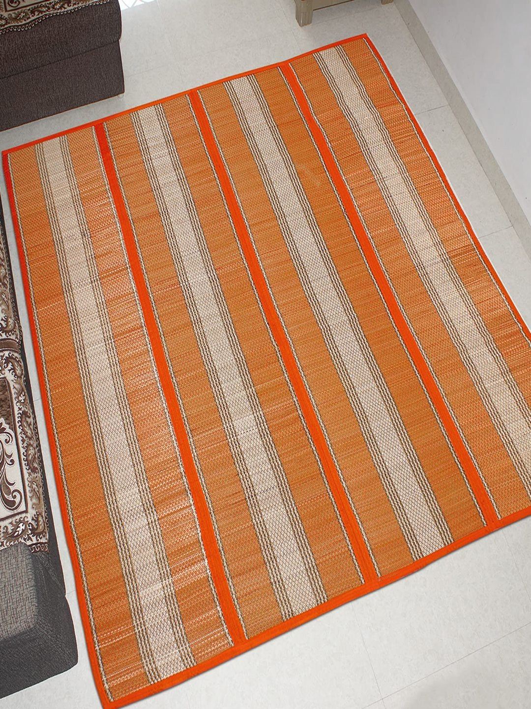 HOKIPO Orange-Colored & Beige Striped Natural Madurkathi Chatai Mat