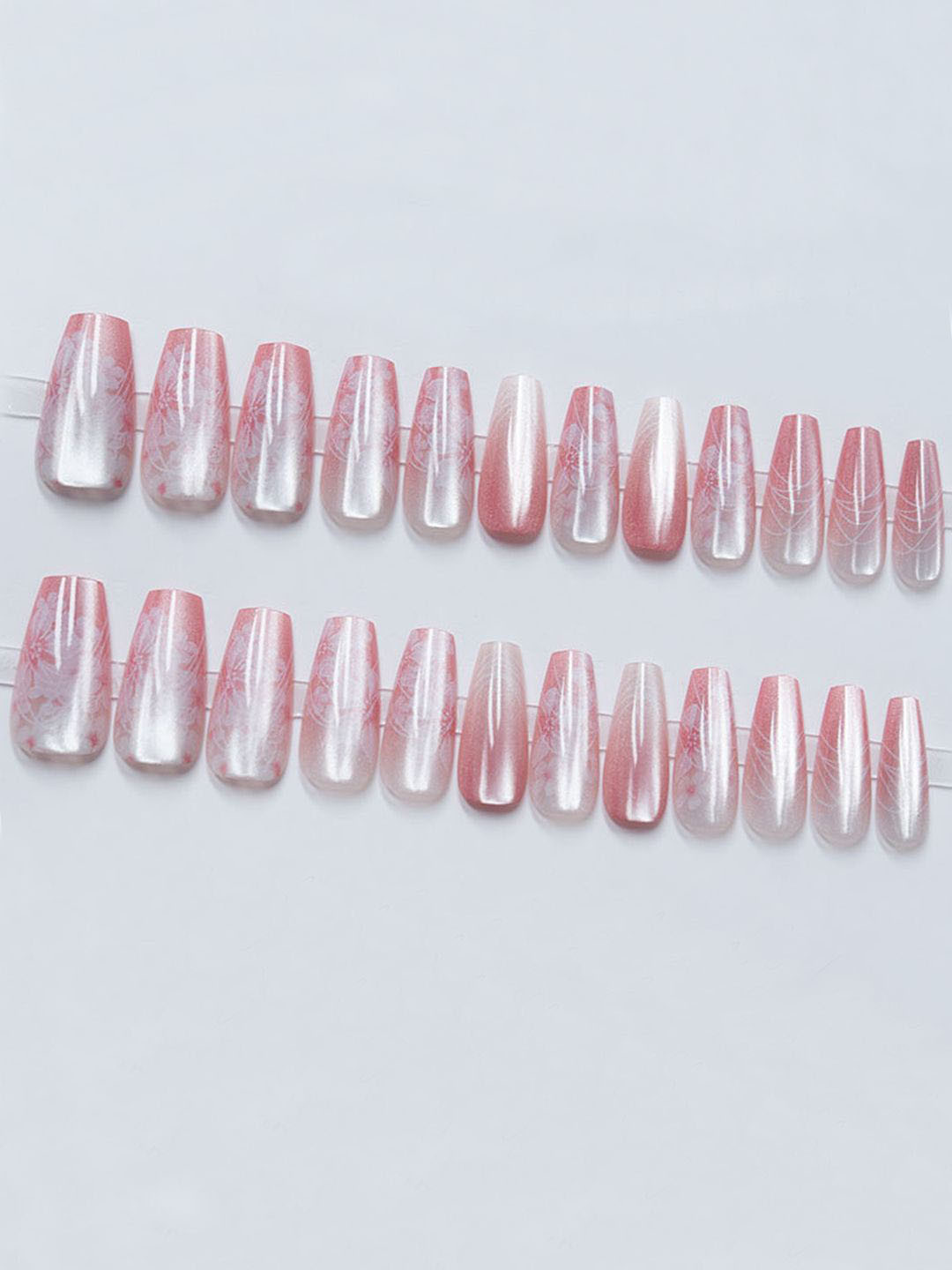 Secret Lives Set Of 24 Cats Eye With Flower Design Press On Artificial Nails - Pink