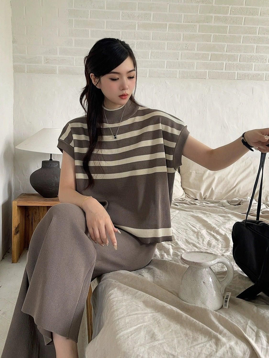 Miss Mosa By Akanksha  Brown Matsel Ribbed Summer Co-Ord Set