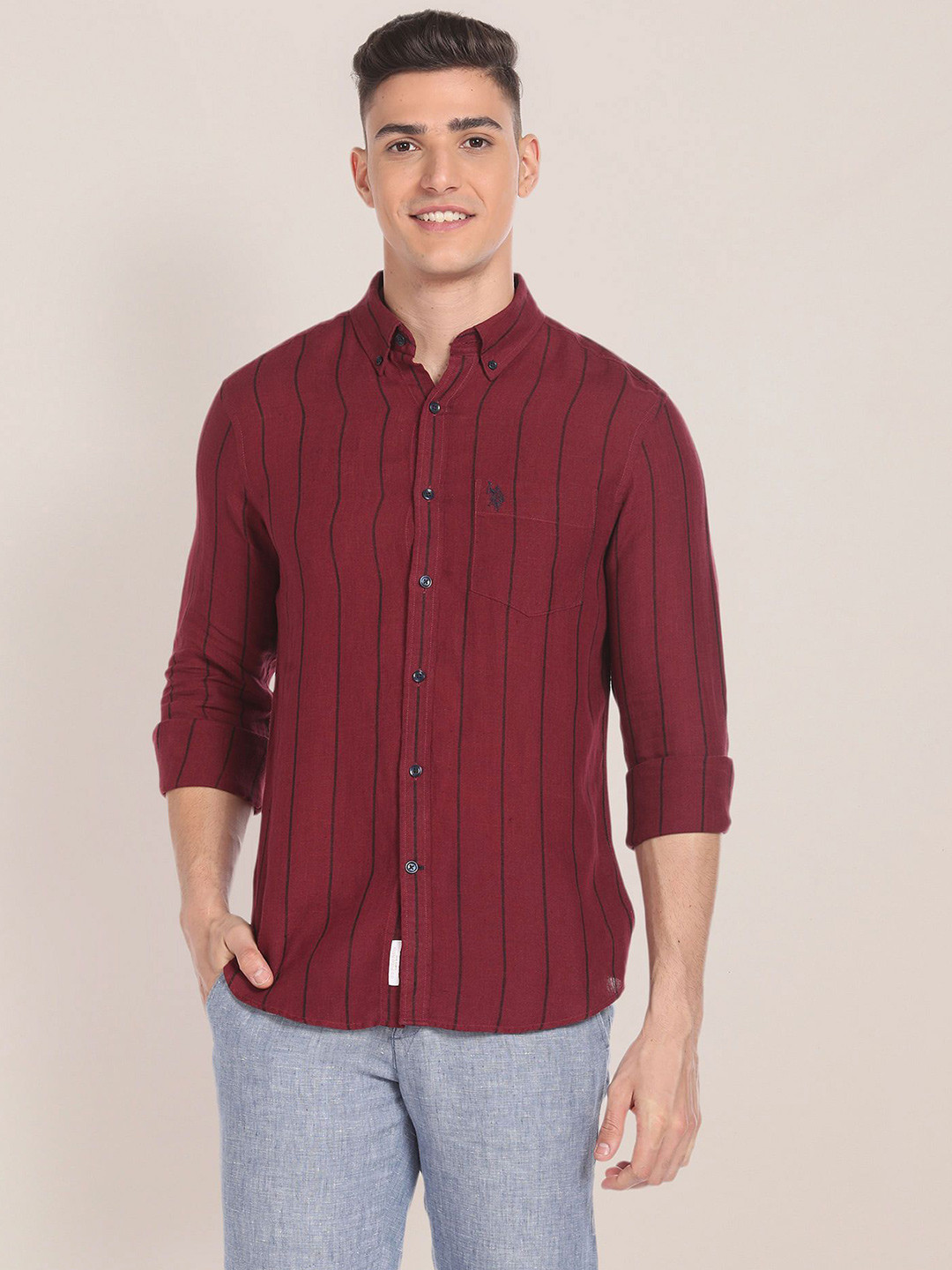 U.S. Polo Assn. Men Slim Fit Button-Down Collar Vertical Striped Linen Casual Shirt