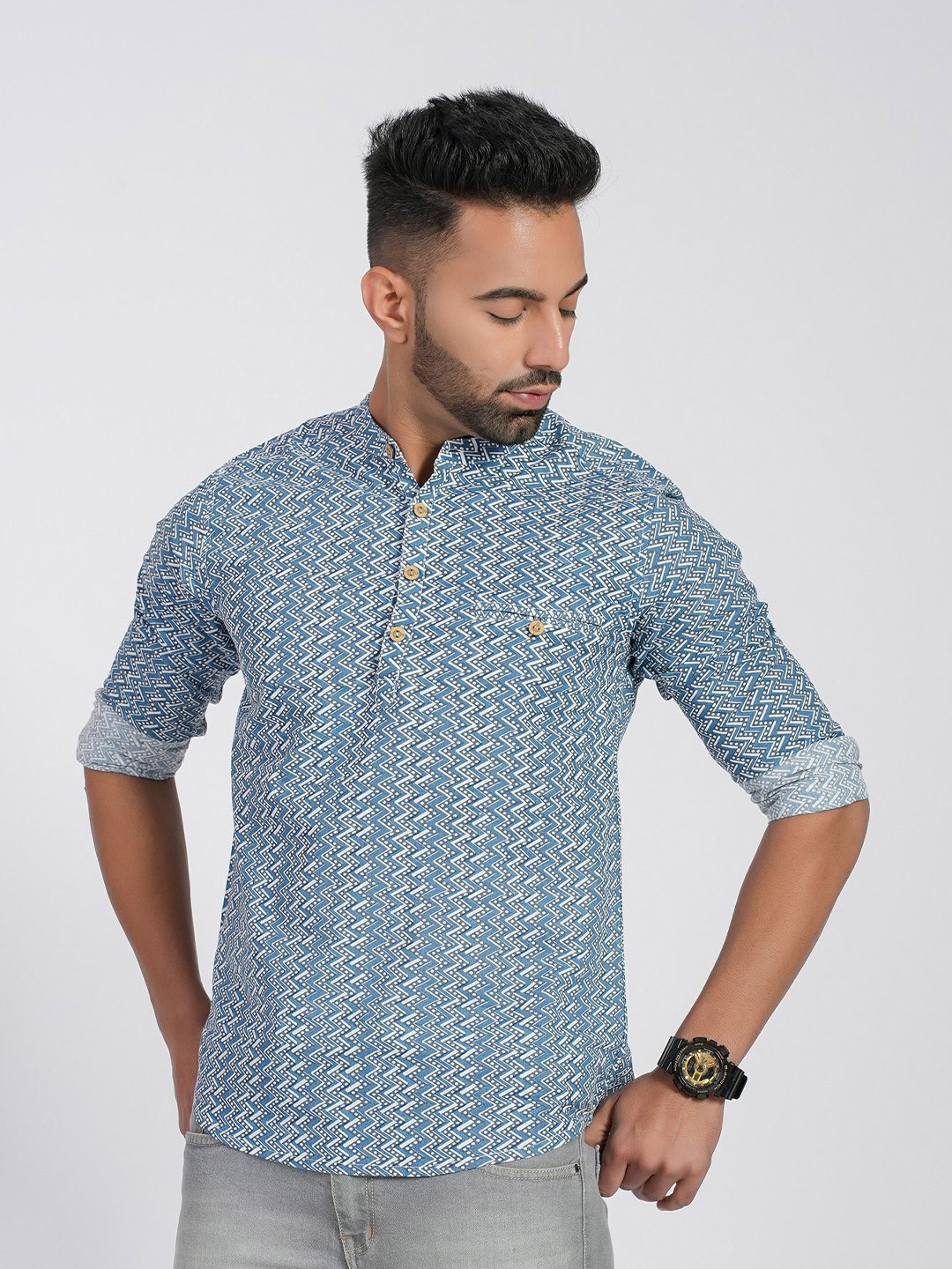 Cotton Curio Men Comfort Fit Band Collar Chevron Striped Cotton Casual Shirt