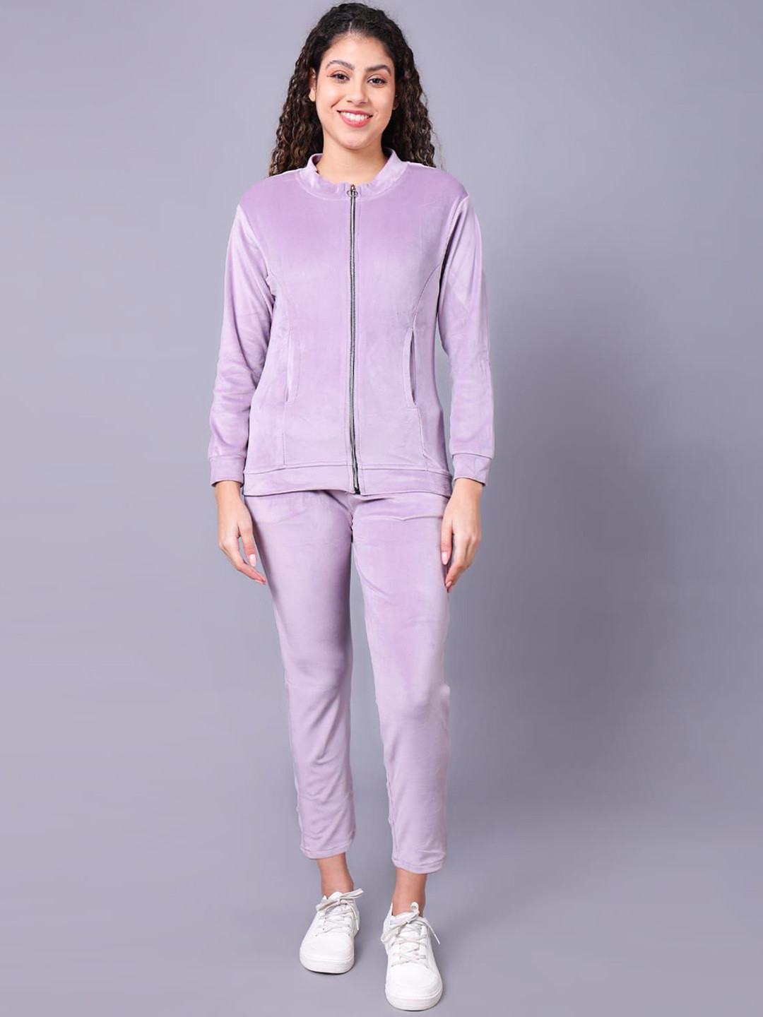 FELLAMO Women Mock Collar Velvet Tracksuit