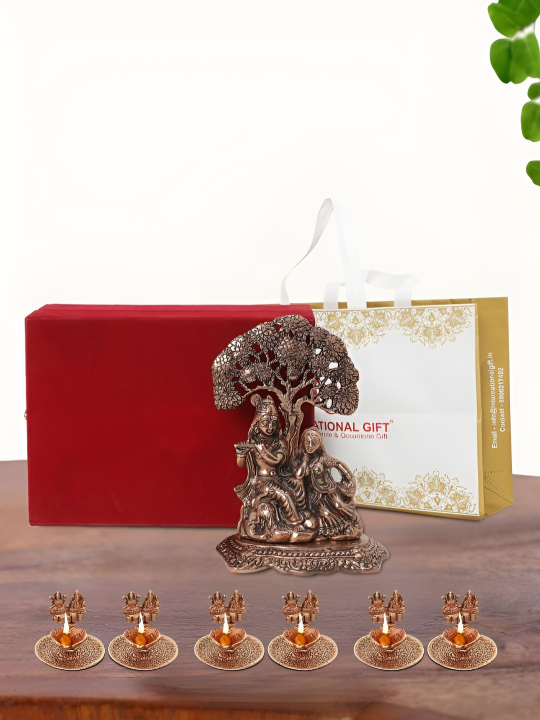 INTERNATIONAL GIFT Radha Krishna Idol with 6 Diya, Velvet Box and Carry Bag Copper Metal Metallic Prayer Room Medium Showpiece - 7 Inches