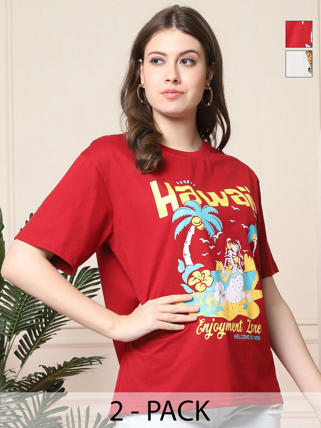 Dreambe Women Pack Of 2 Garfield Graphic Printed Round Neck Cotton Oversized T-shirts