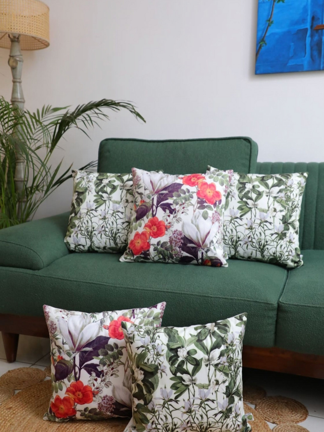 LUSHLYF White & Green 5 Pieces Floral Printed Velvet Square Sunlit Flora Cushion Covers