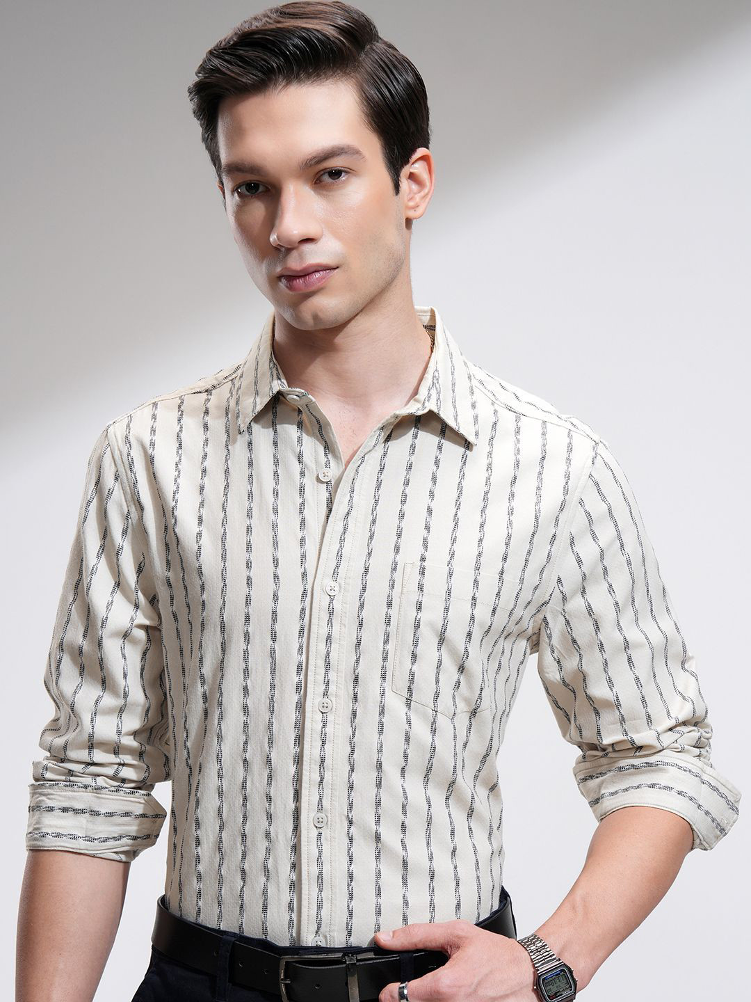 HIGHLANDER Men Fancy Space Dyed Striped Shirt