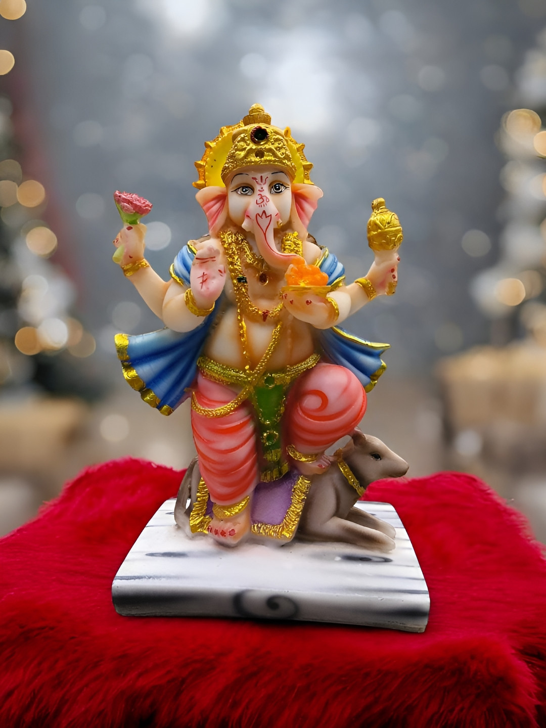 Vrinban International Lord Ganesha Beige Marble Metallic Prayer Room Medium Showpiece - 9.1 Inches