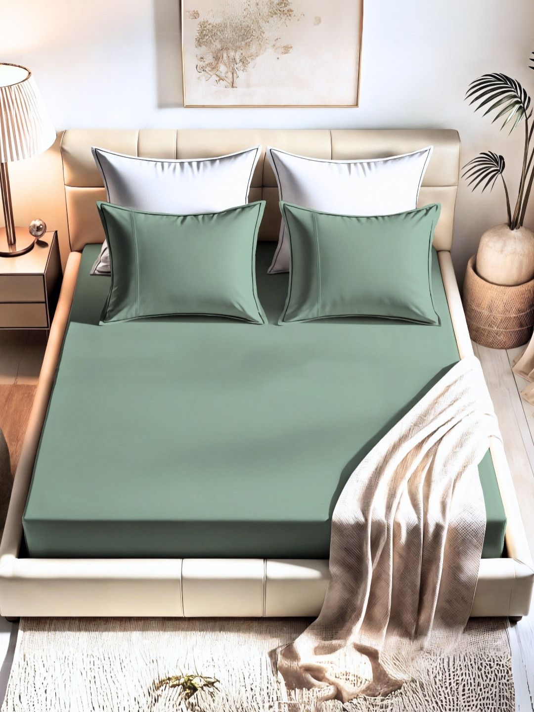ERBA Green Solid Cotton 400 TC King Bedsheet with 2 Pillow Covers-250 x 220 cm