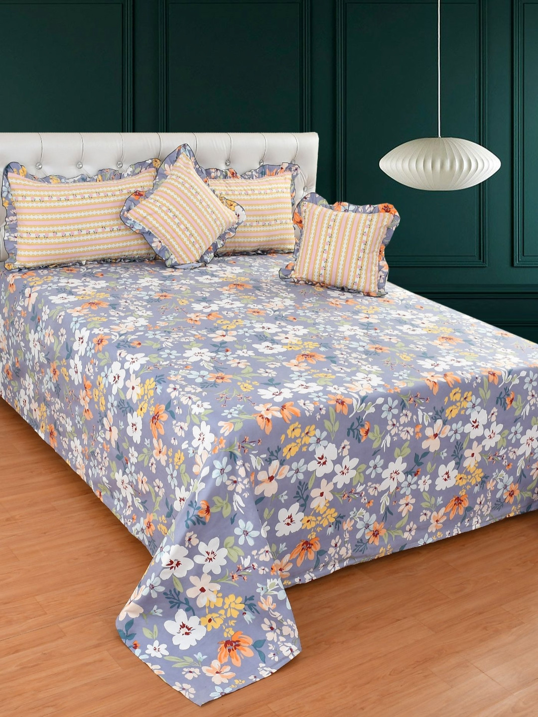 MORADO Grey & Yellow Floral Printed Summer Double Queen Bedding Set