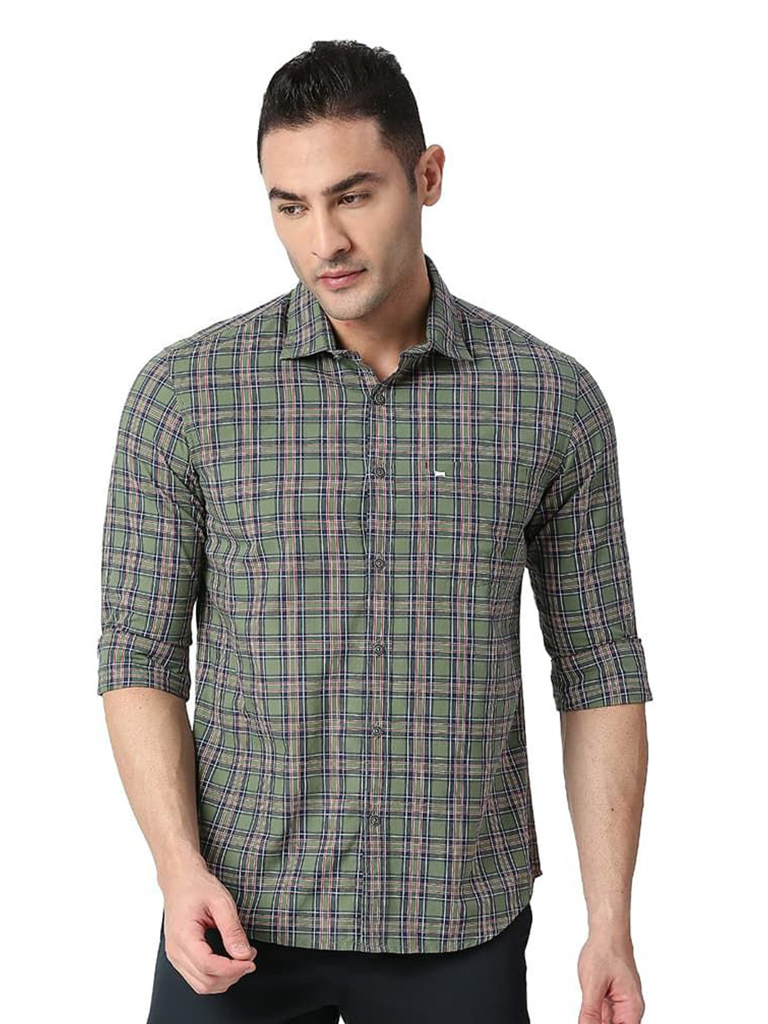 Basics Men Relaxed Fit Spread Collar Checked Cotton Casual Shirt