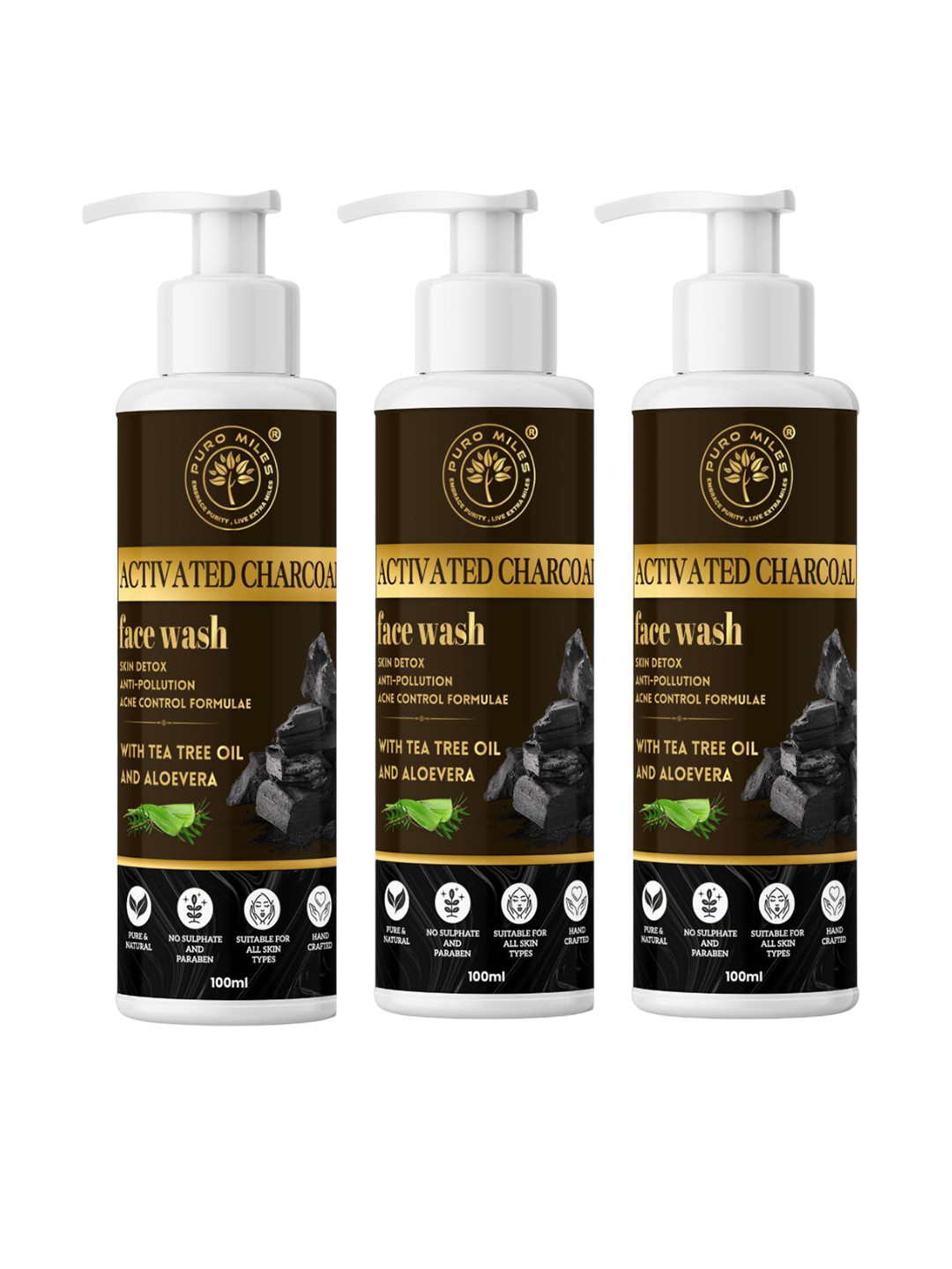 Puro Miles Set Of 3 Activated Charcoal With Tea Tree Oil & Aloe Vera Face Wash 100 ml Each