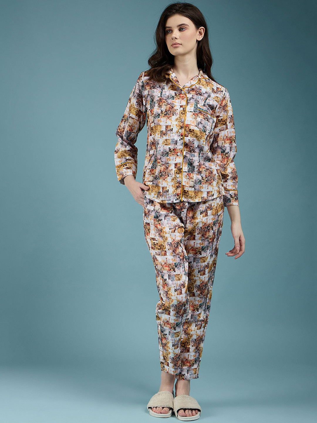 all about you Women Printed Lapel Collar Night Suits