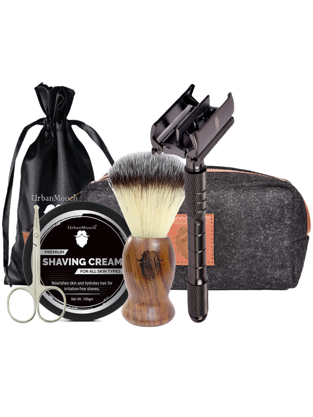 UrbanMooch Set Of 5 Shaving Cream, Wooden Shaving Brush, Scissor, Razor & Toiletry Bag