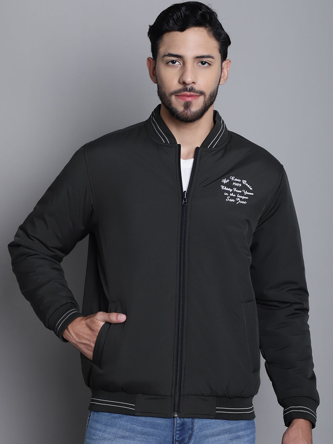Cantabil Men Stand Collar Typography Printed Casual Reversible Bomber Jacket