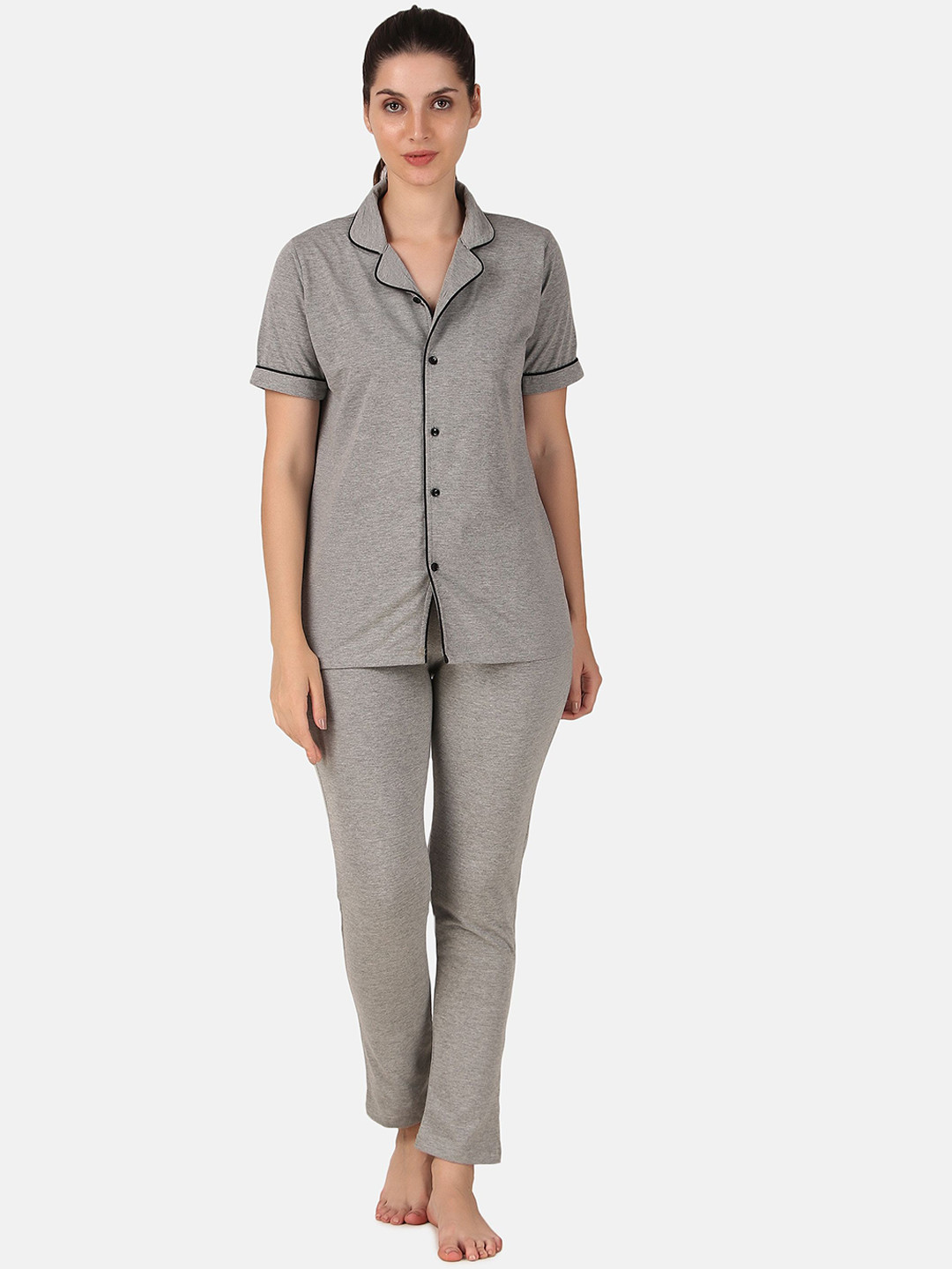 BENZOS Women Solid Lapel Collar button closure Regular Night Suits