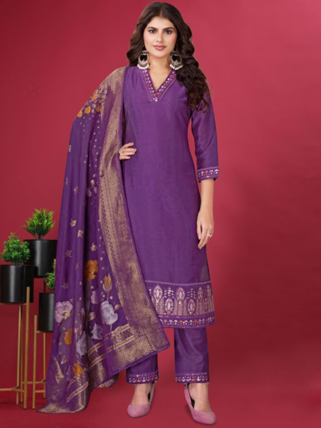 PARROT CREATION Embroidered Sequinned V-Neck Pure Silk Kurta With Trousers And Dupatta