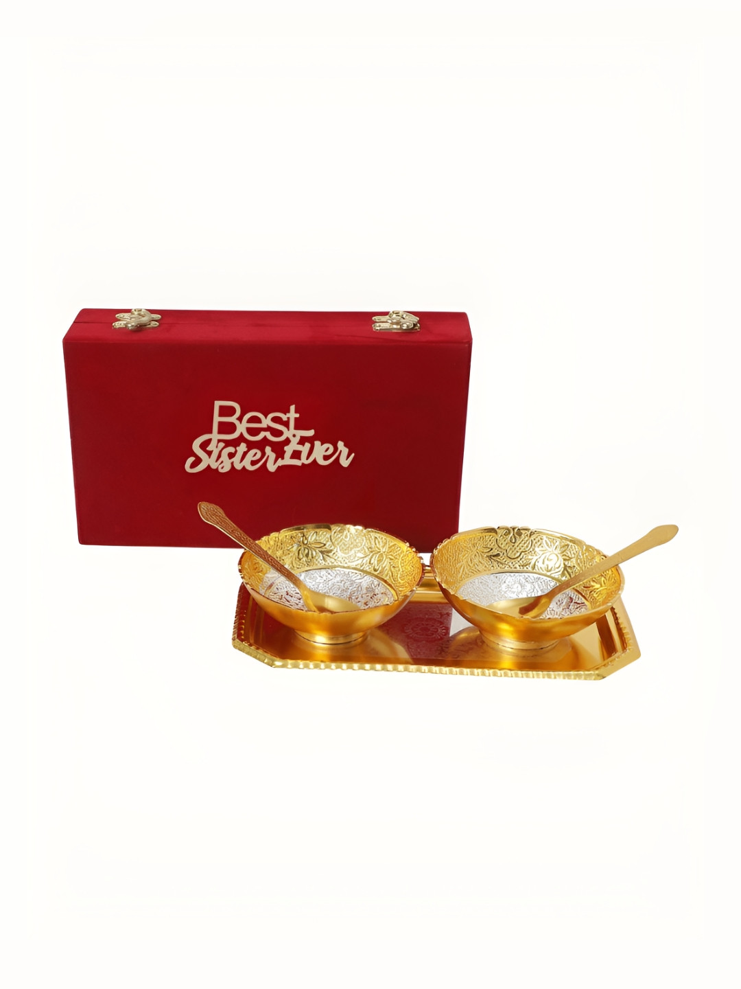 INTERNATIONAL GIFT Gold-Toned 5 PCS Textured Bowl Set With Tray & Spoons With Velvet Box