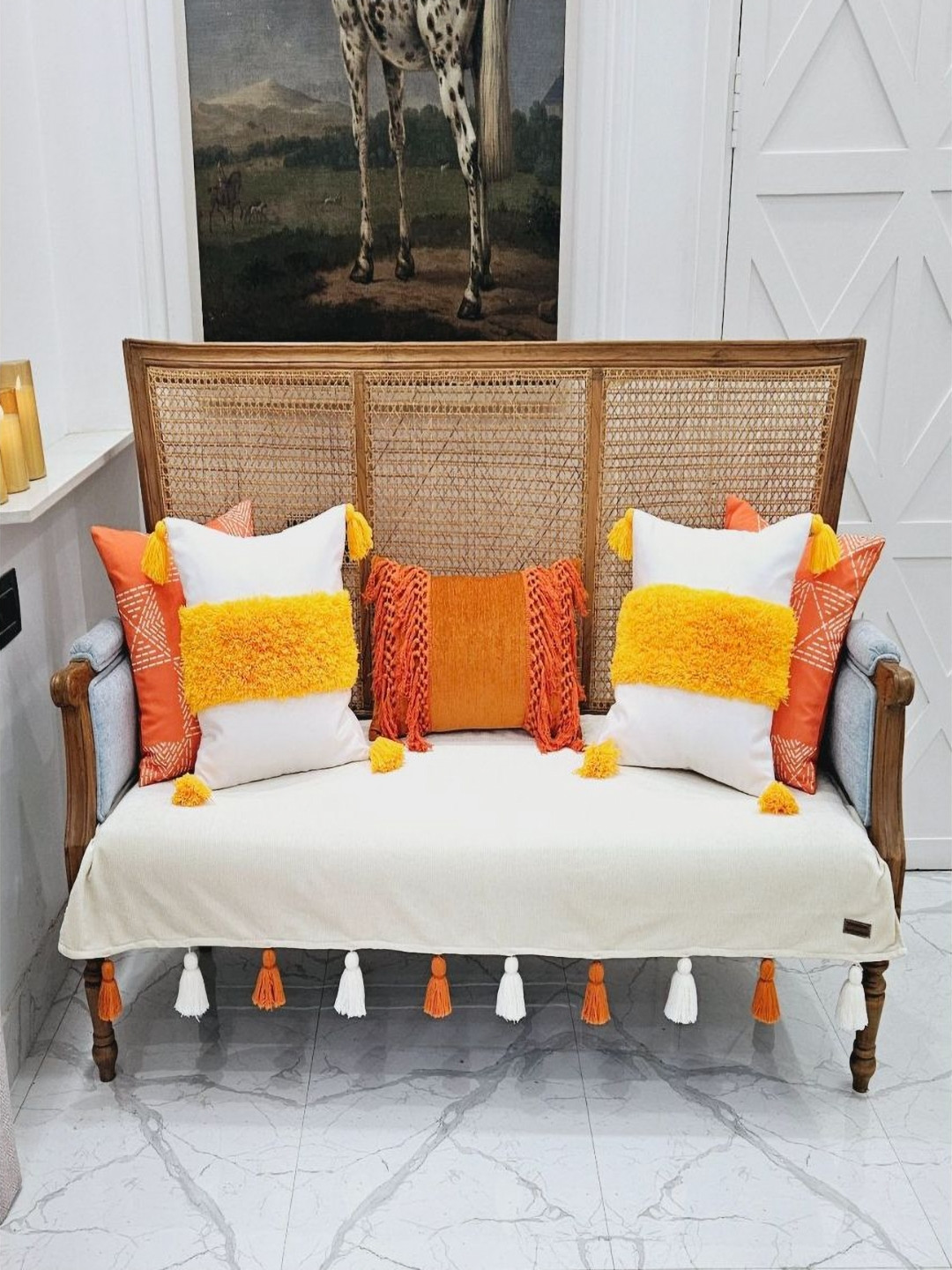THROWPILLOW Off White And Orange Self Design Anti Slip Thick And Sturdy Sofa Cover