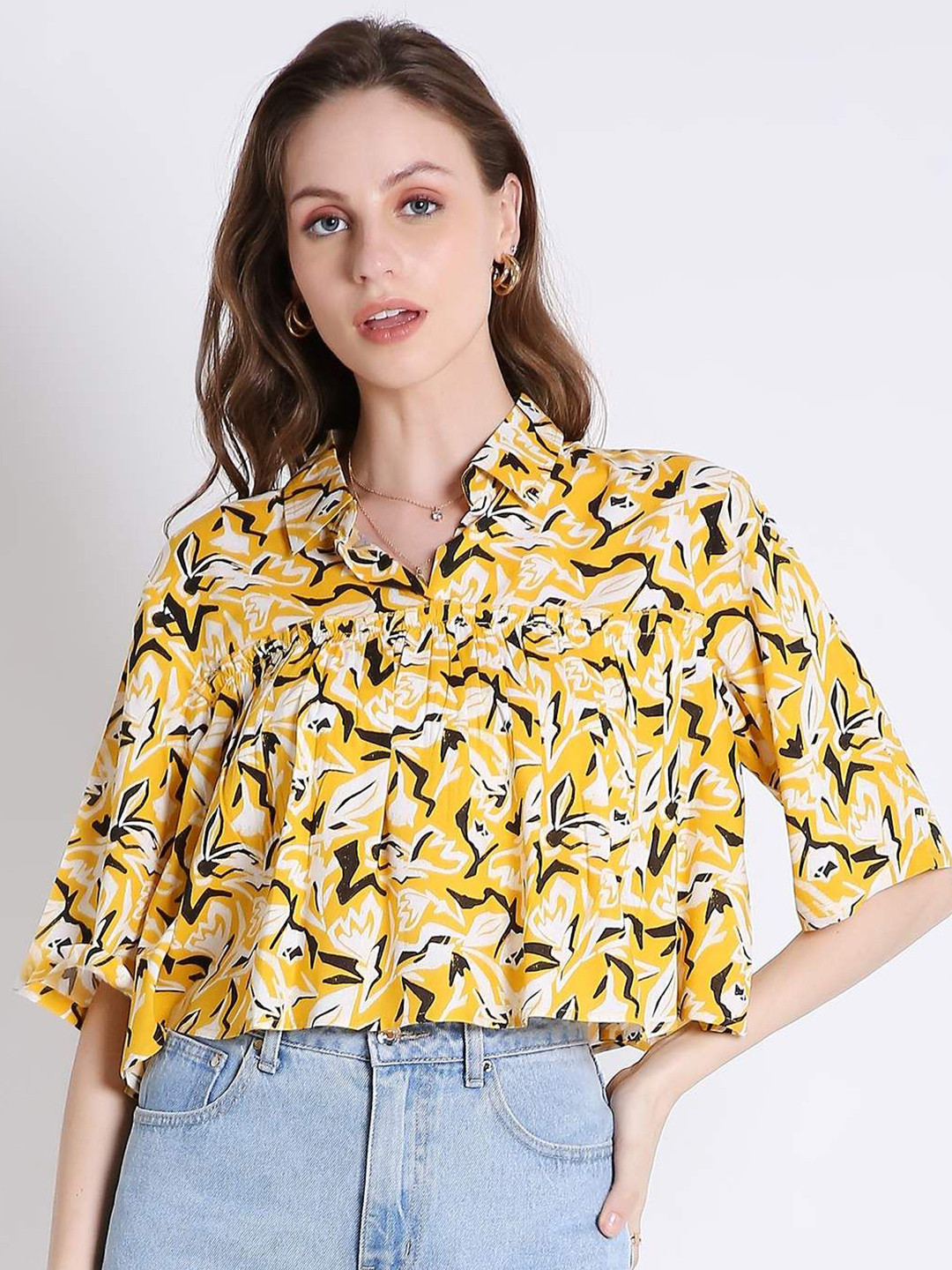 French Theory Printed Flared Sleeve Pleated Shirt Style Crop Top