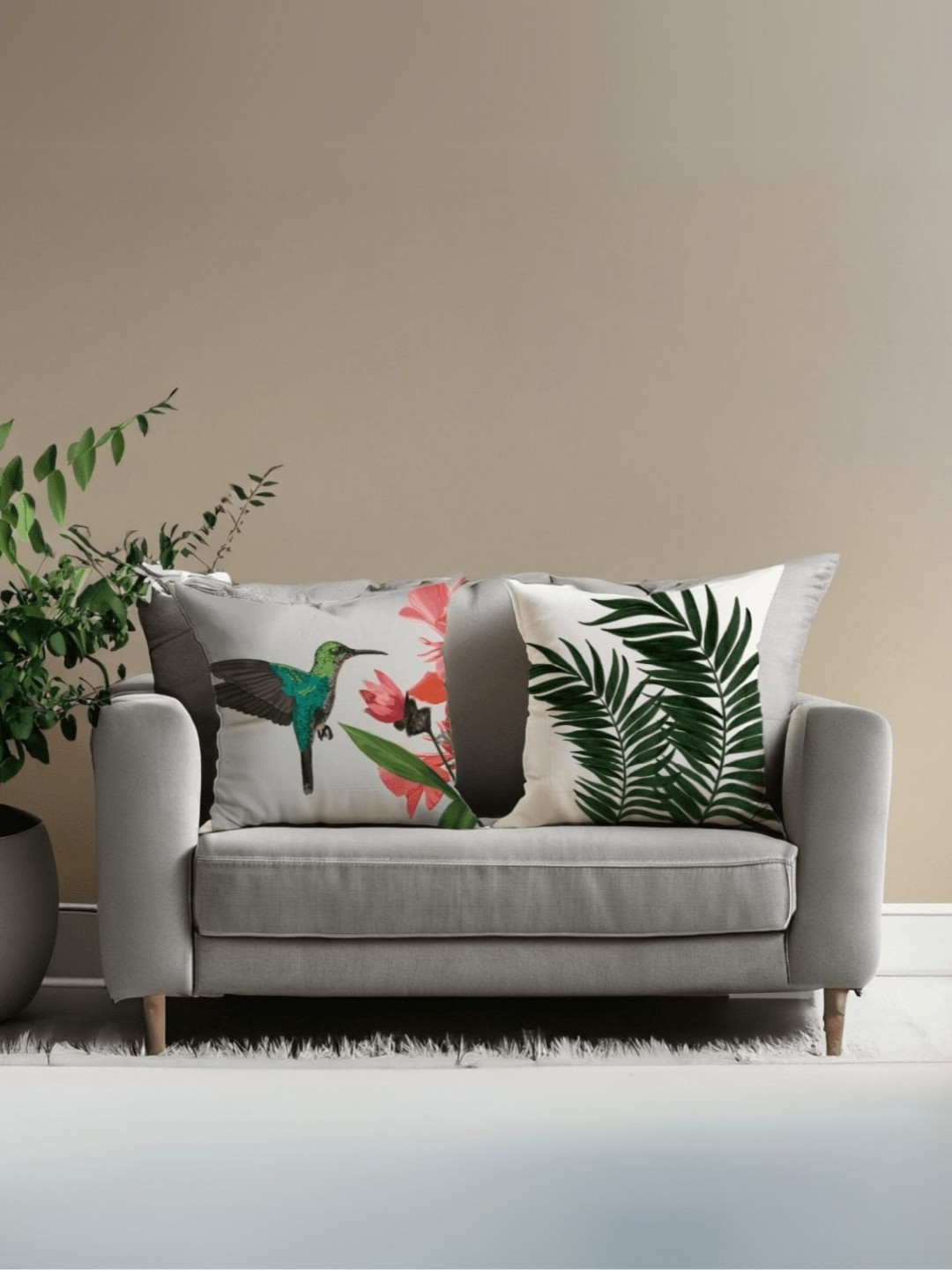 LUSHLYF Song Of Hummingbird & Flowing Palm White 2 Pcs Printed Velvet Cushion Covers