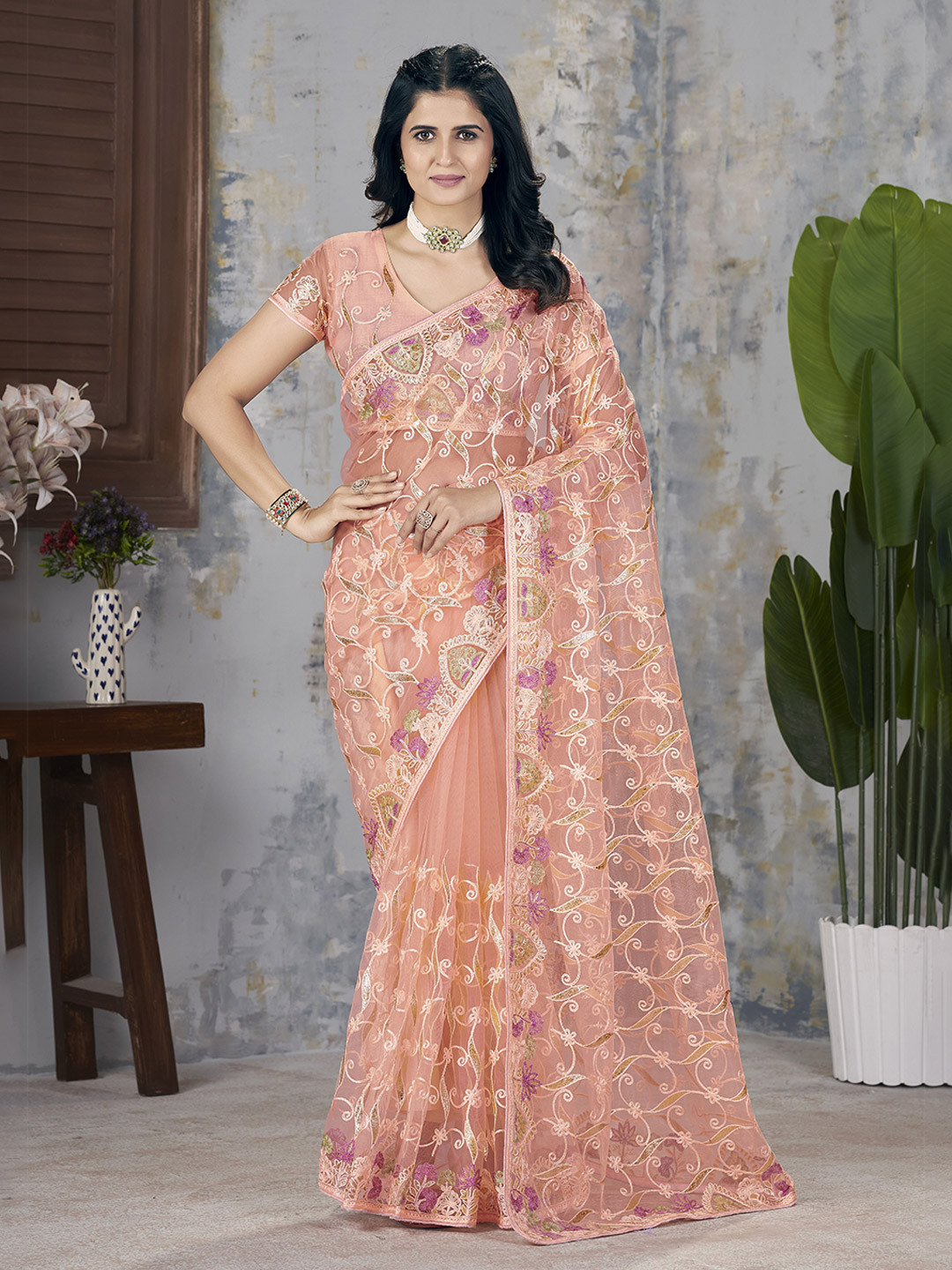 Vintro Embellished Aari Work Net Saree