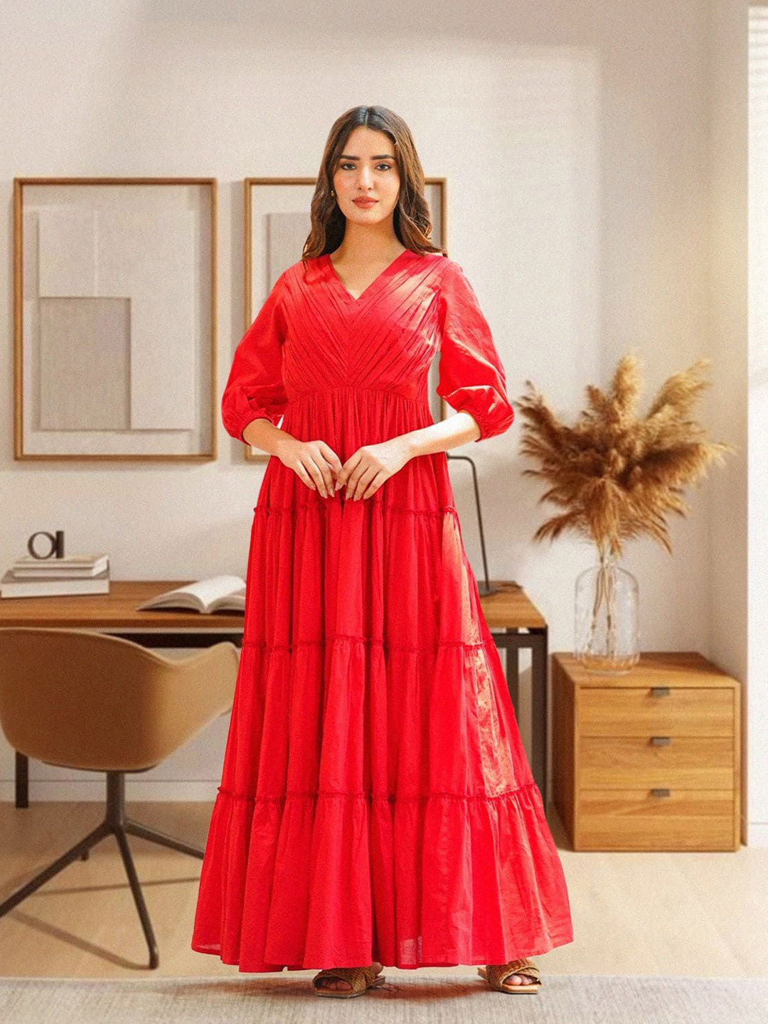 Ambraee Fiery Red Solid & Tiered Cotton Fit & Flare Maxi Dress