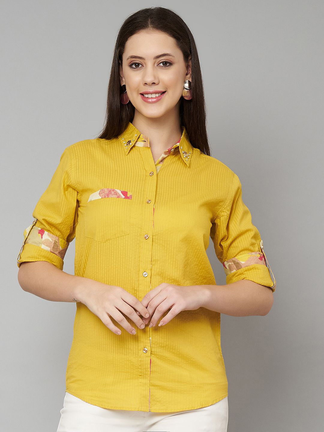 JAPER KURTI Women Comfort Fit Spread Collar Textured Cotton Casual Shirt