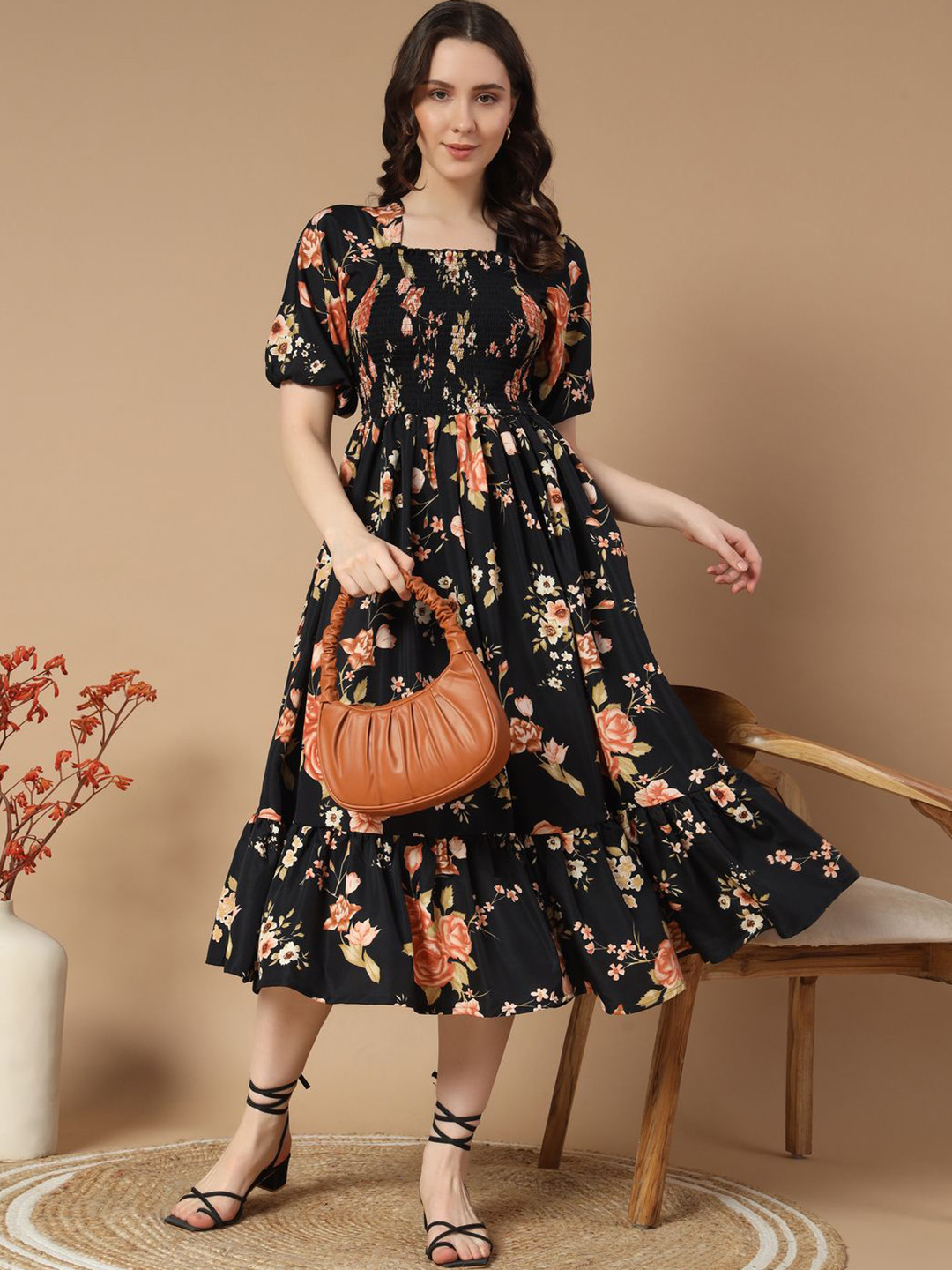 ZWERLON Floral Printed Smocked Detailing Short Puff Sleeve Midi Dress