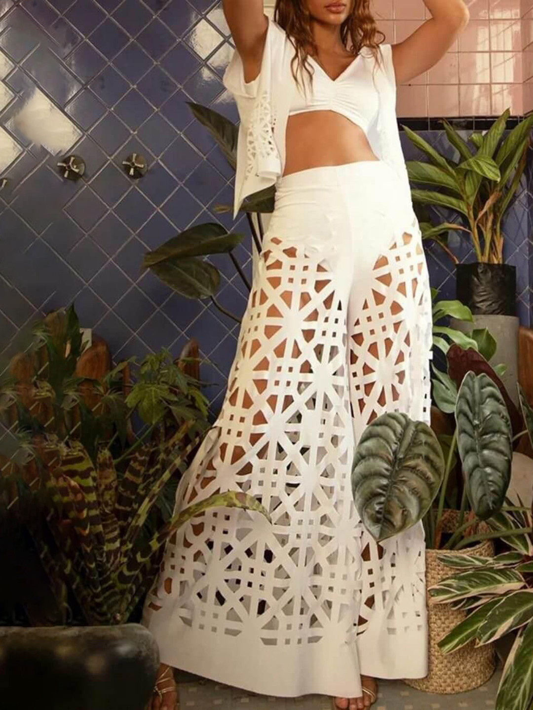 Miss Mosa By Akanksha  White Deblo Set Of Top And Pants Pure Cotton Resort Wear Set