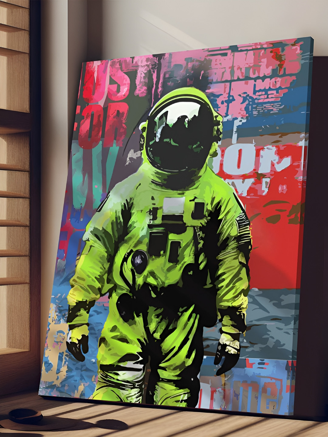Aura Green & Red Astronaut Figurative Grafitti Canvas Wall Art