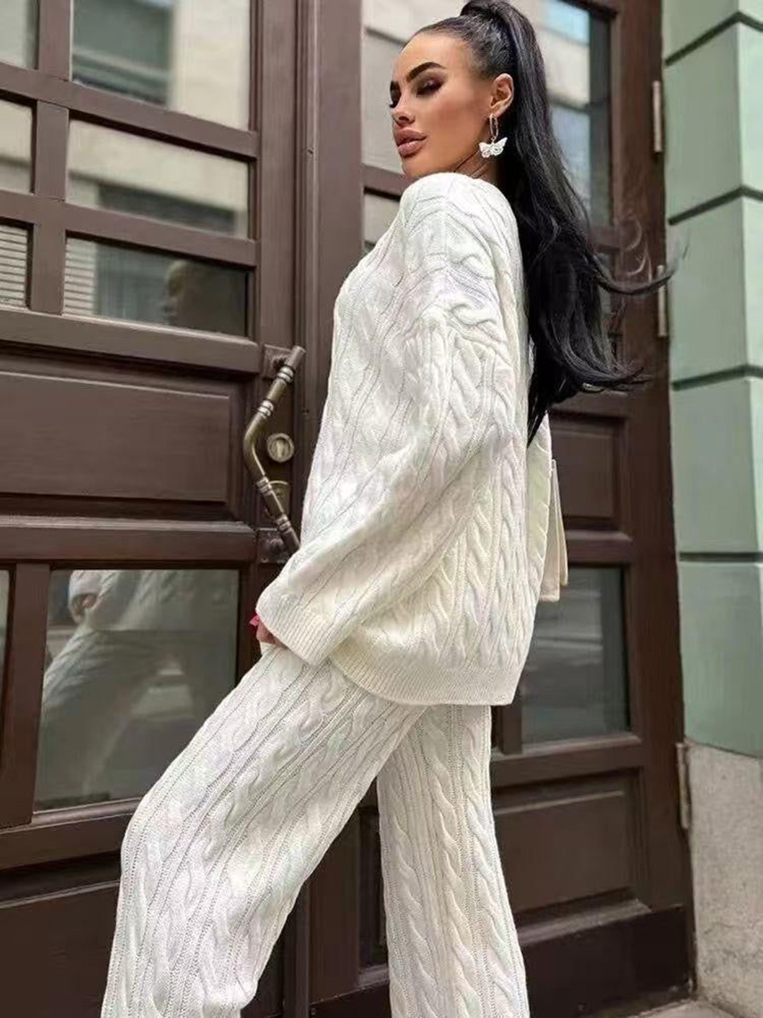 Miss Mosa By Akanksha  Off White Self Design Nia Luxe Winter Sweater & Trouser Coord Set