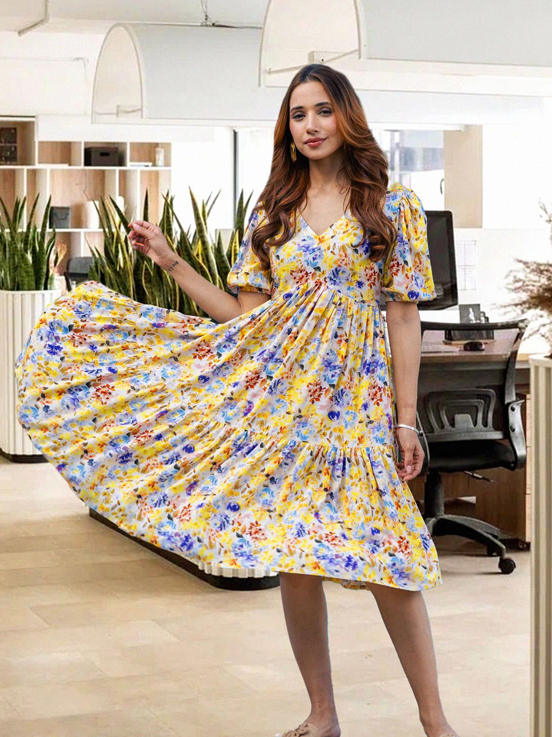 Ambraee Women Floral Print Puff Sleeve Buttercup Yellow Floral Fit and Flare Dress