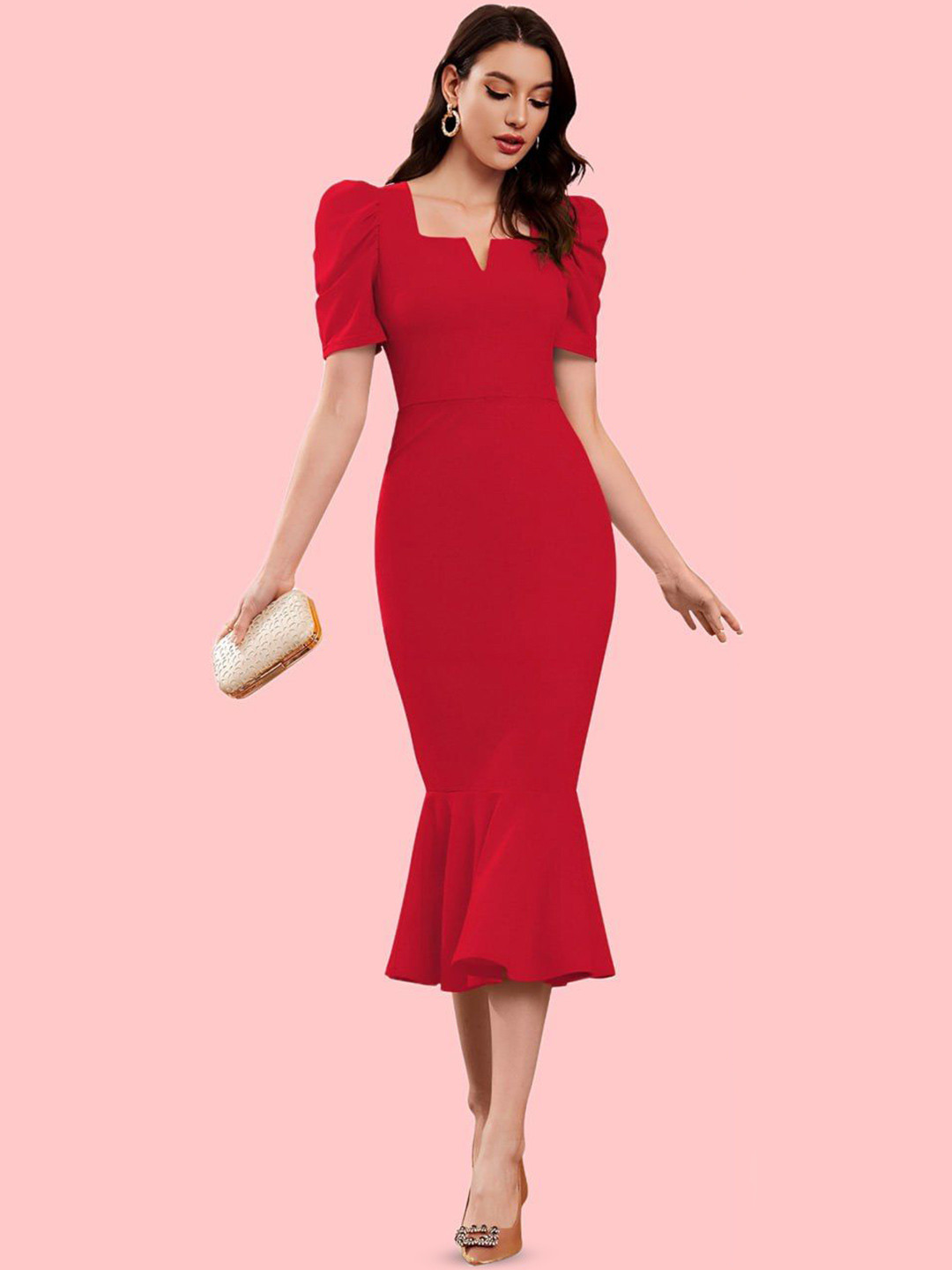 Moda Rapido Puff Sleeve Formal Sheath Midi Dress