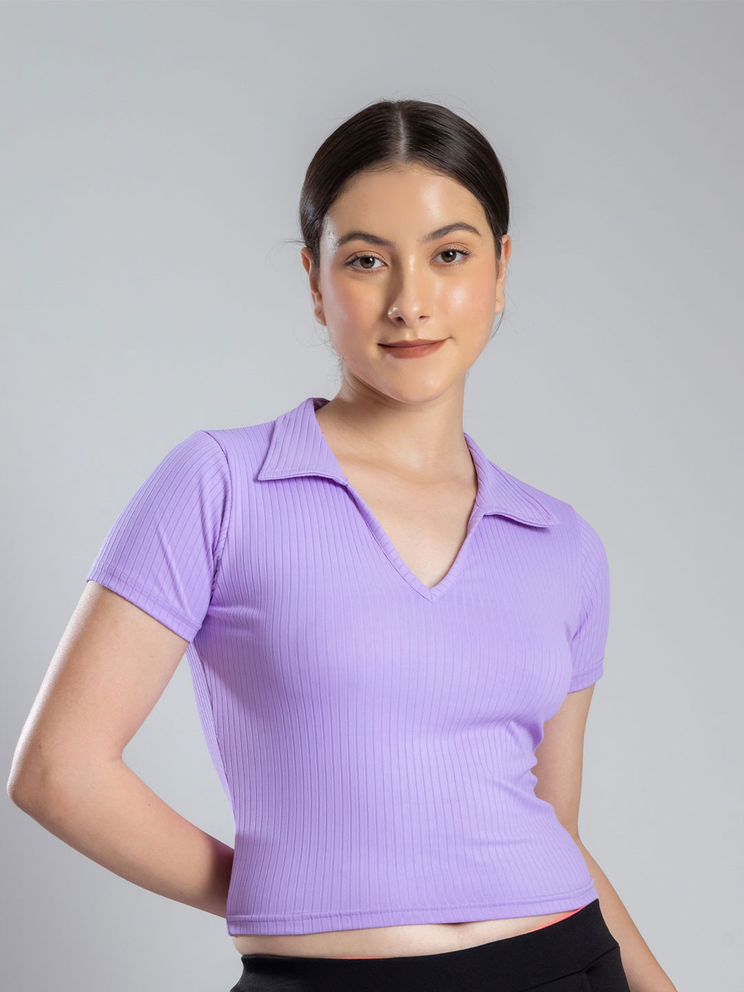 PYR8  Women Polo V-Neck Ribbed Crop Top