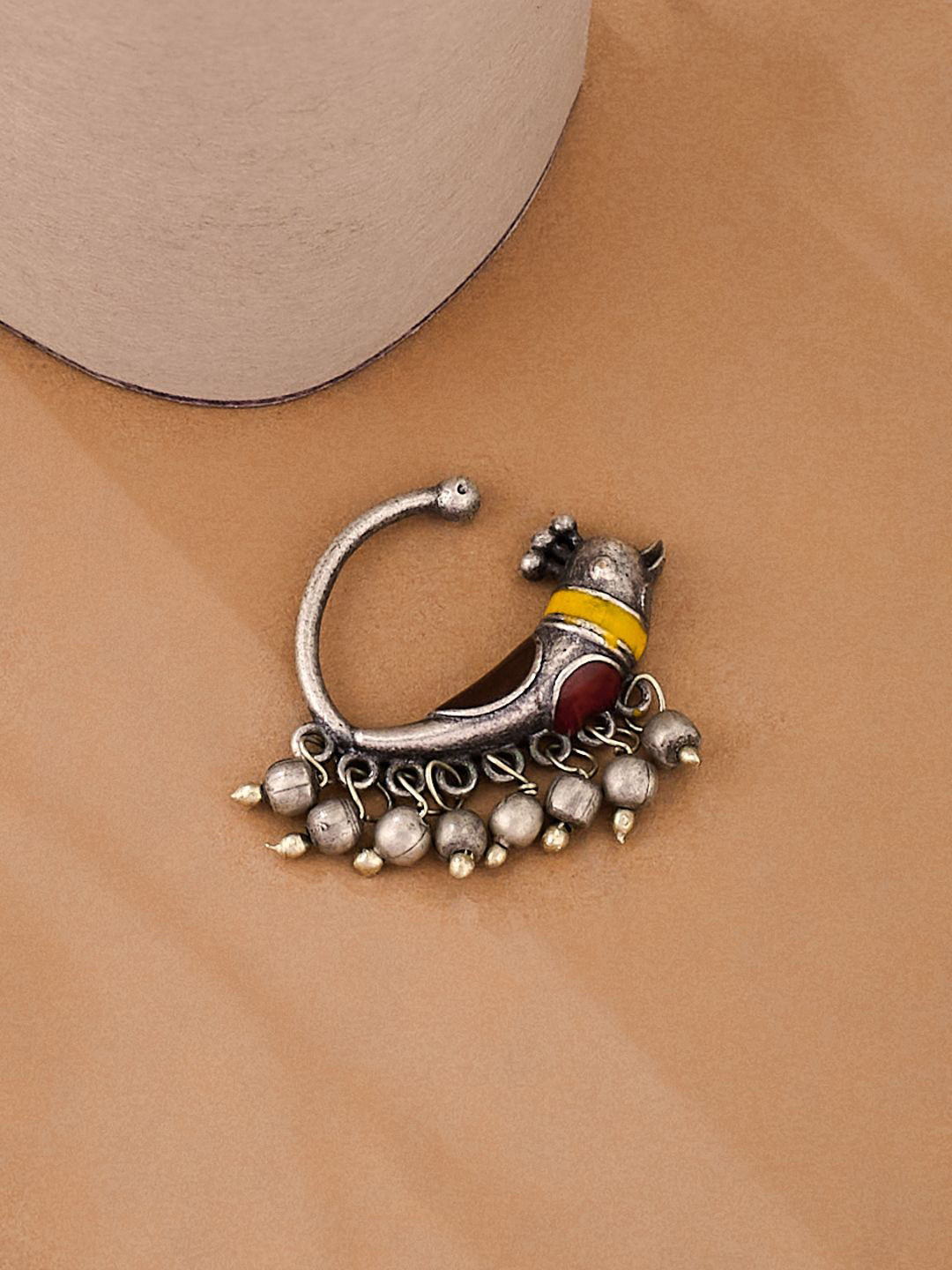 ATIBELLE German Silver Plated Meenakari Inspired Bird Shaped Beaded Nose Pin